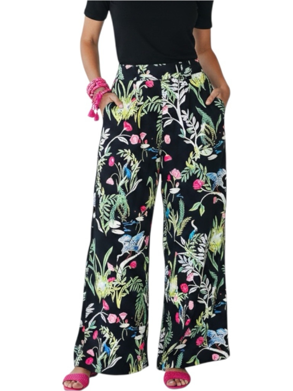 Wide Leg Floral Print Pants - Black with Multicolor Floral